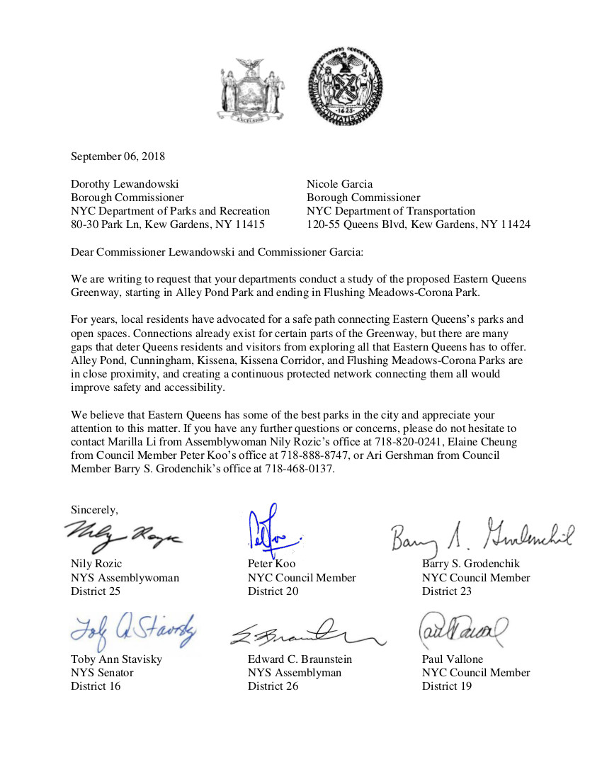 2018-09-06 Final Letter to DOT &amp; DPR Eastern Queens GreenwayFull
